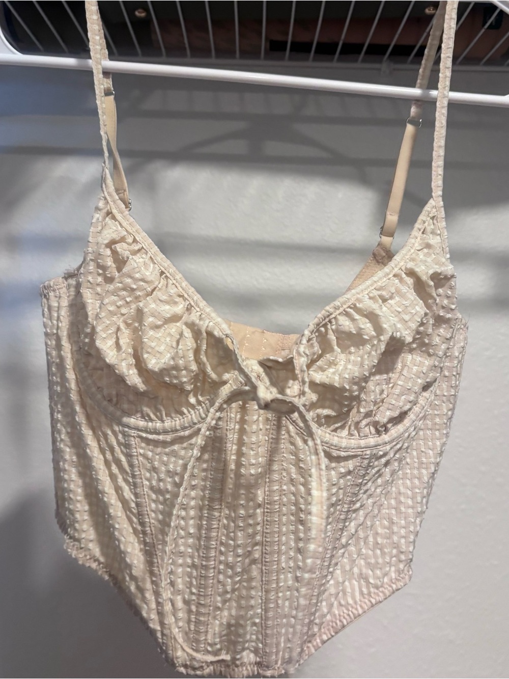 Urban Outfitters Cream Textured Bustier Top with Tie Detail